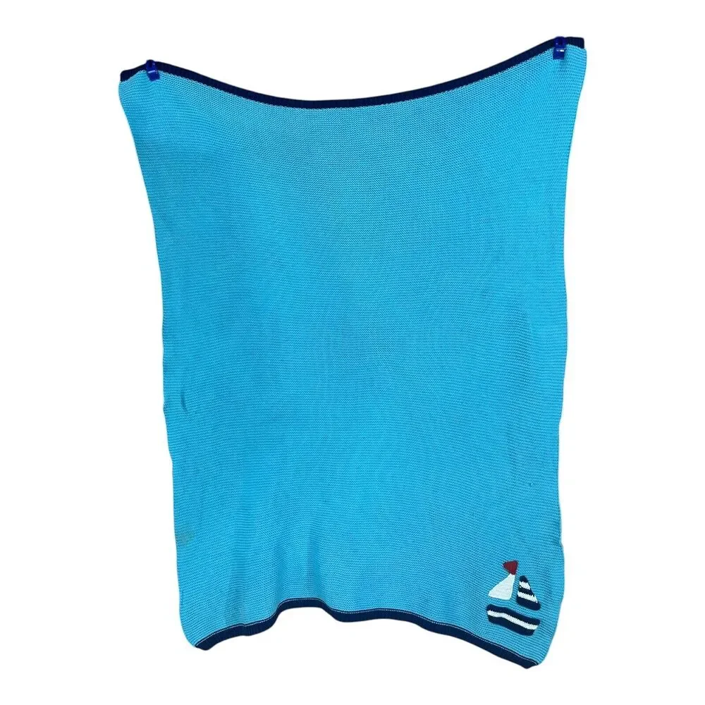 Blue Knit Sailboat Baby Blanket Cotton